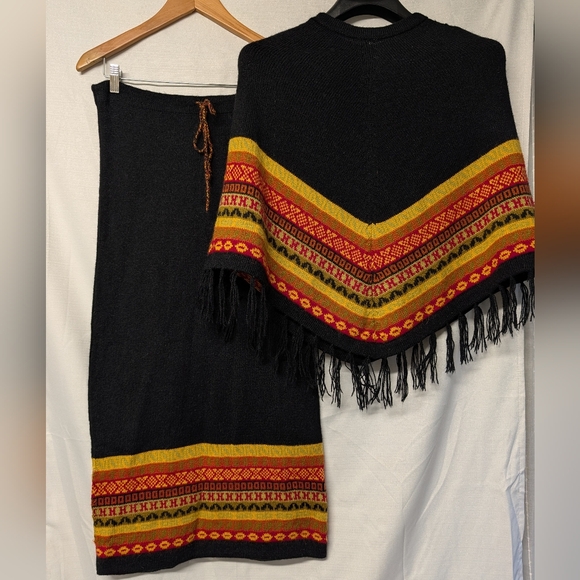 Peruvian Sweaters - Peruvian Alpaca Black Fringe Poncho Sweater And Matching Maxi Skirt